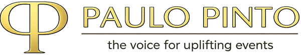 A logo on a white background featuring a stylized gold Greek letter Phi and the text 'PAULO PINTO' in gold, with the tagline 'the voice for uplifting events' below in black.